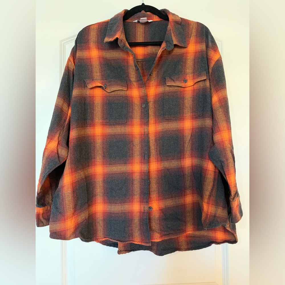 Old Navy Orange and Black Plaid Boyfriend Shirt
